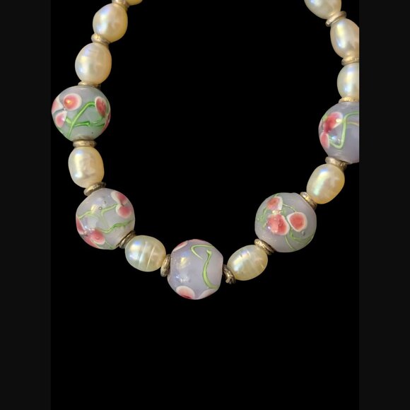 Natural Pearl Hand Painted Glass Bead Size 5.75" Statement Bracelet - Picture 6 of 7